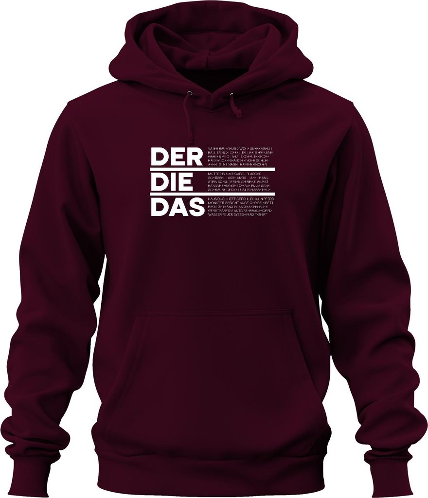 DER DIE DAS Deutsch Grammatik Artikel Lustig Spruch Ironie Sarkasmus Uni Hoodie Kapuzenpullover, Burgundy, XL
