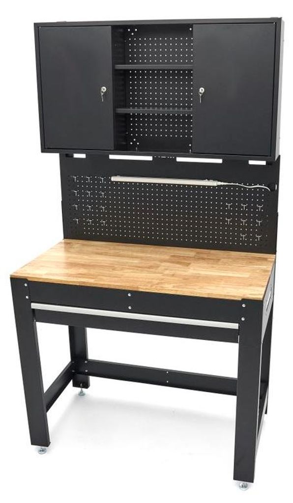 HBM Werkbank 115 cm mit großer Schublade, Schrankwand und Rückwand, schwarz