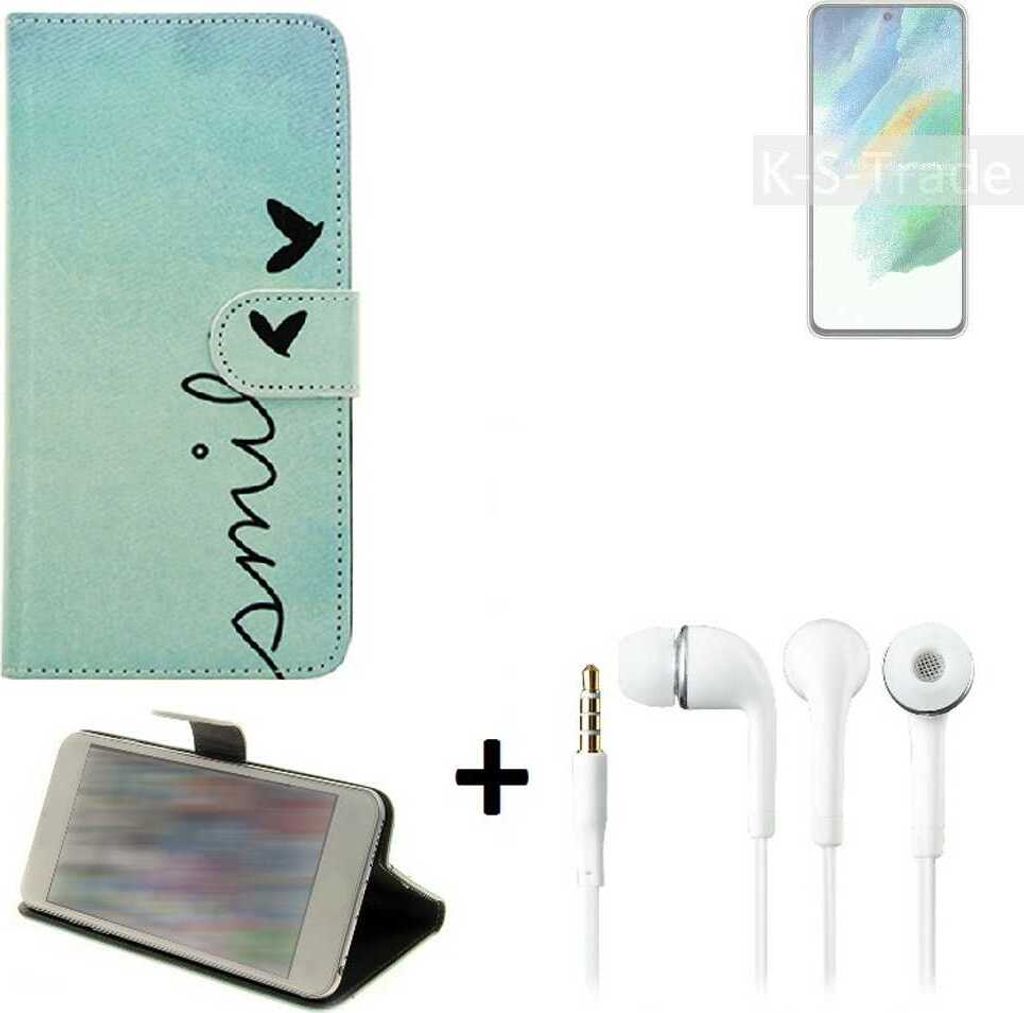K-S-Trade Schutz Hülle Handy Hülle kompatibel mit Samsung Galaxy S21 FE Exynos 360° Wallet Case Schutz Hülle ''smile'' inkl. Ohrstöpsel