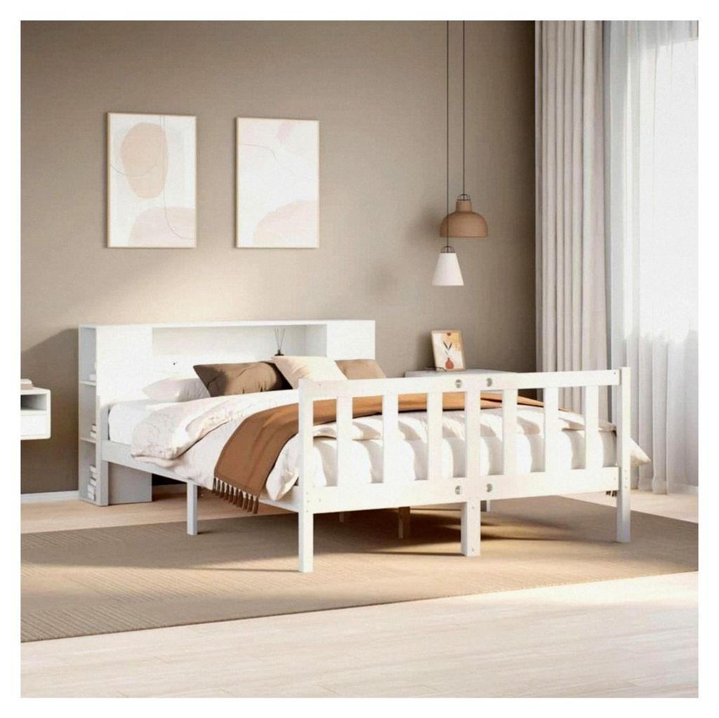 Bücherregal Bett ohne Matratze Weiß 150x200 cm King Size Massivholz Kiefer