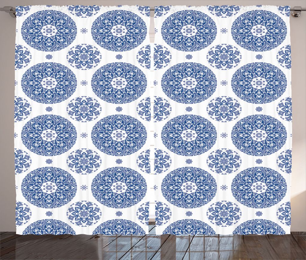 ABAKUHAUS Paisley Rustikaler Gardine, Vintage Französisch Blau, Schlafzimmer Kräuselband Vorhang mit Schlaufen und Haken, 280 x 245 cm, Blau Weiss