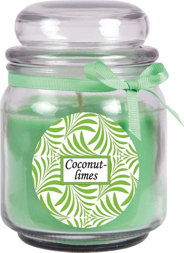 Duftkerze mit Schriftzug "Coconut-Limes" im Bonbon Glas, 300g Wachs - Brenndauer ca.: 70 Stunden, Kerze im Glas in Geschenkverpackung