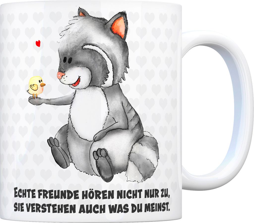 Kaffeebecher mit Waschbär Motiv und Spruch: Echt Freunde hören nicht nur zu, ...