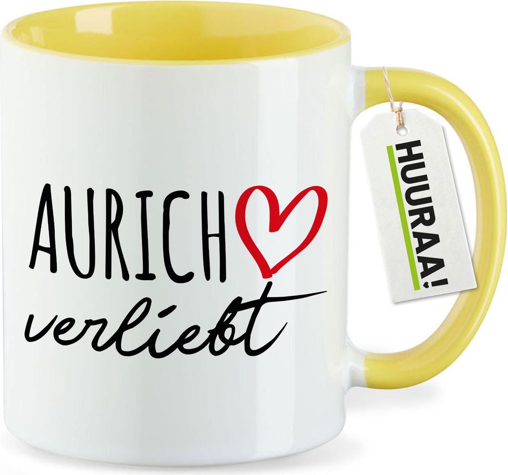 Huuraa Kaffeetasse Aurich verliebt 330ml Gelb Keramik Kaffeebecher Geschenkidee