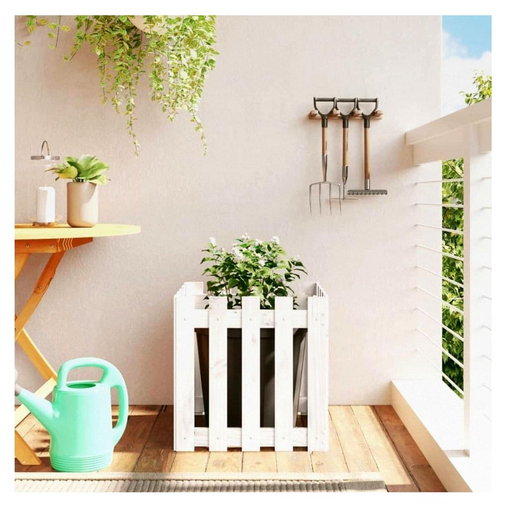 Blumenkasten mit Zaun-Design, weiß, 50 x 50 x 50 cm, aus massivem Kiefernholz, Hochbeet, Pflanzschale für Blumen und Sukkulenten, Terrasse, Balkon