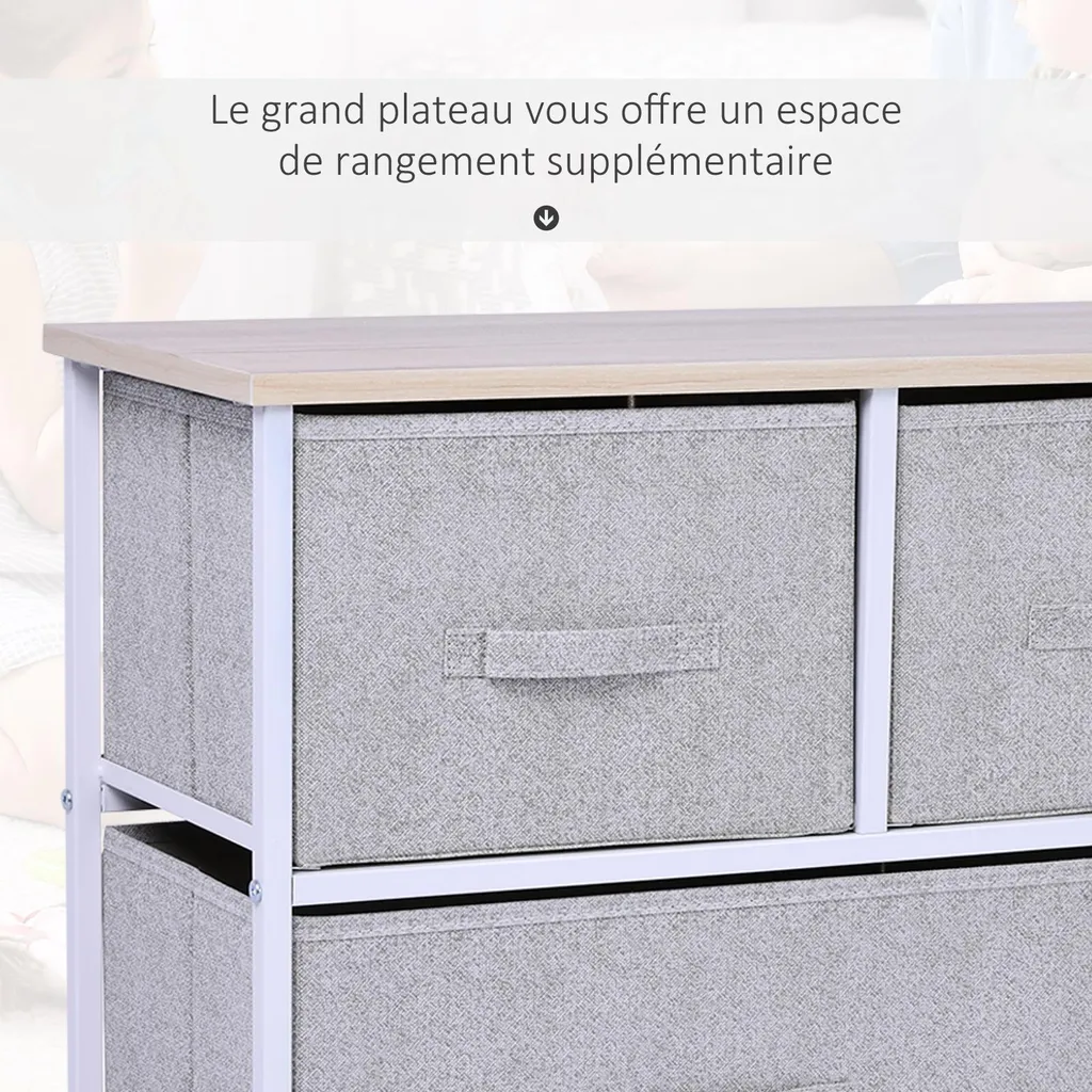 HOMCOM Commode de Rangement 5 Tiroirs 100x30x54cm Acier Blanc et Gris