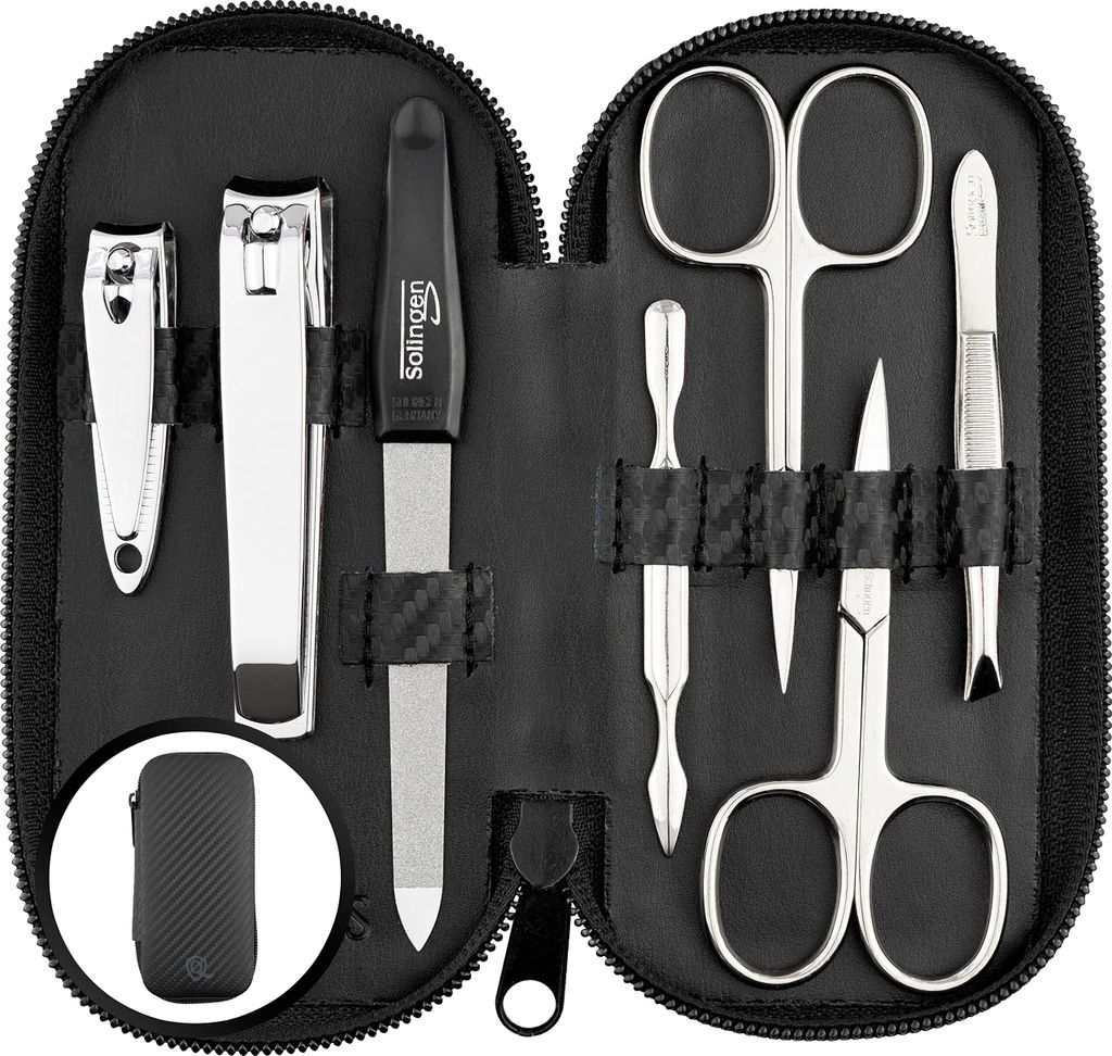 Maniküre Set Solingen - Vergleichssieger mit Top Preis/Leistung - Kunst Leder Etui handlich und weich - 7teiliges Nagelset aus glanzvernickeltem S...