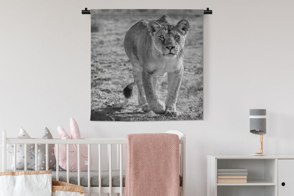 MuchoWow Wandteppich Wandbehang Löwe - Schwarz - Weiß 90x90 cm Tapisserie Dekoration Wandtuch - Wandaufhänger