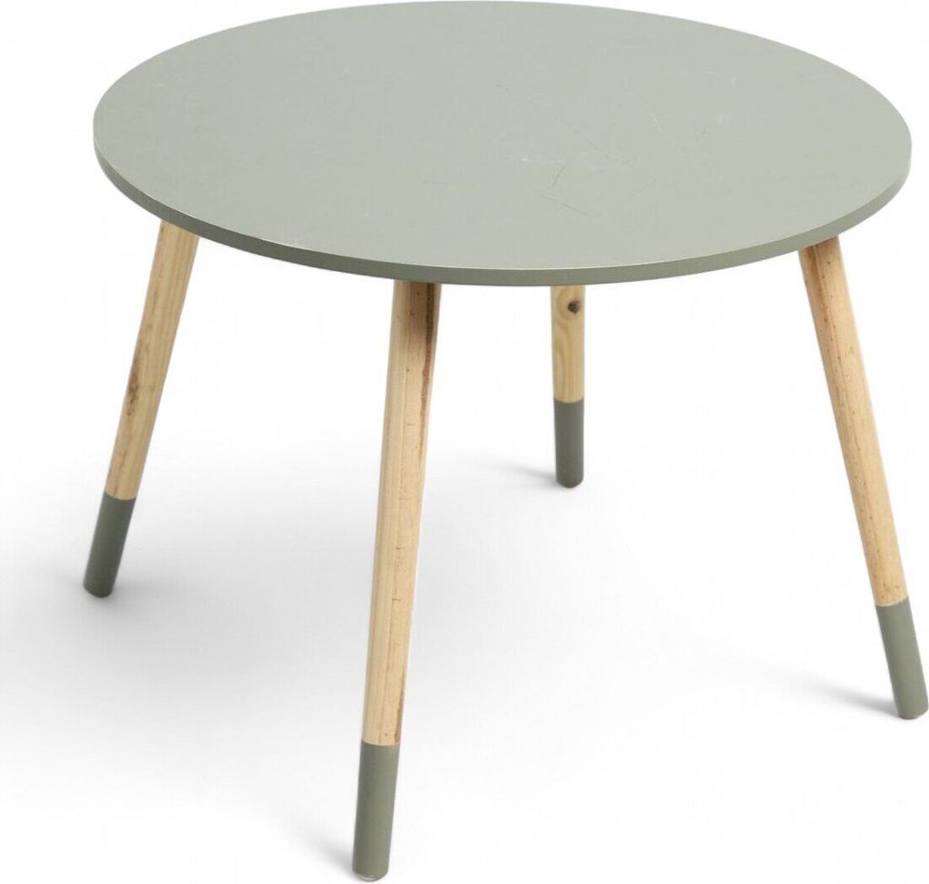A round, light gray table with three wooden legs, each with a gray tip, is shown against a white background.
