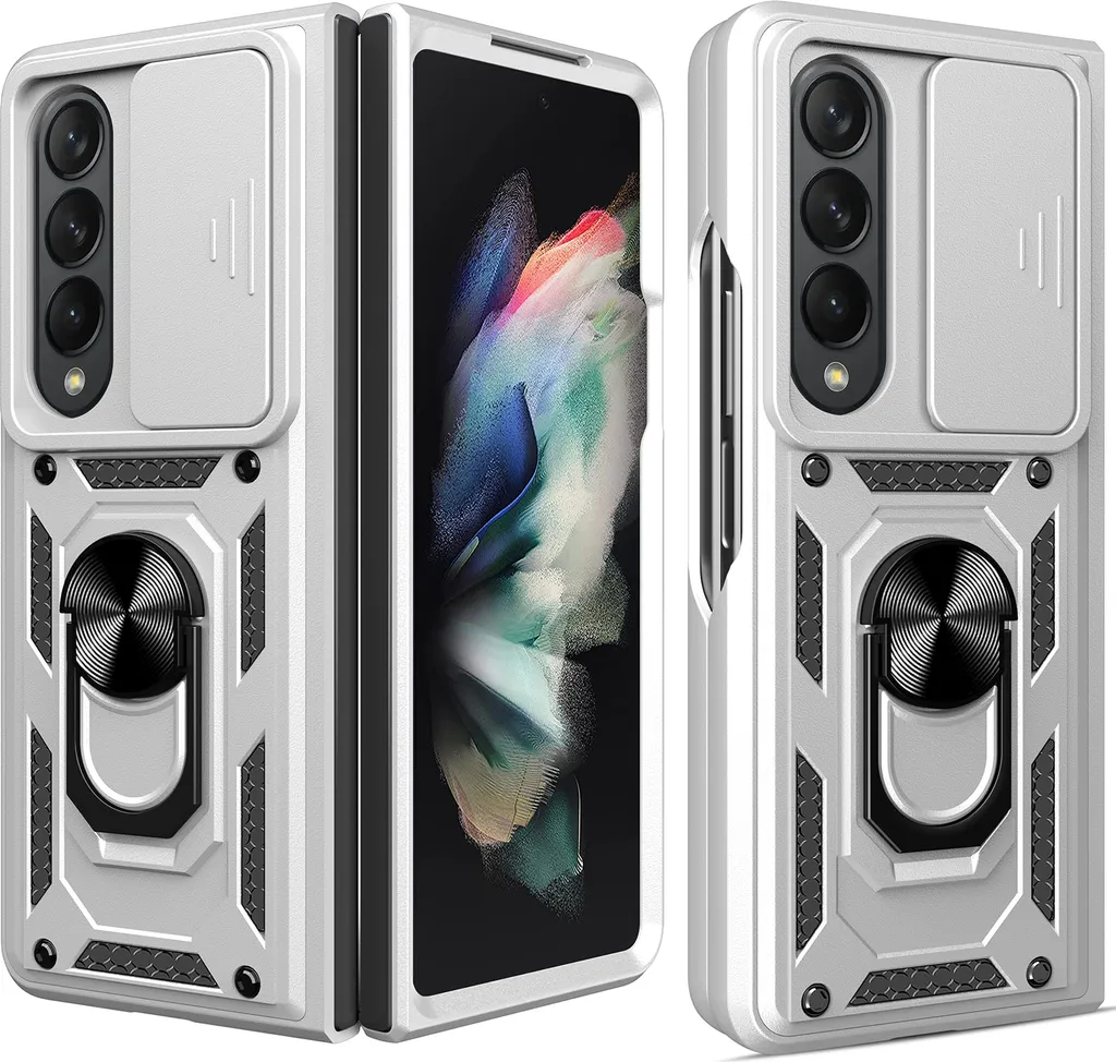 Samsung Galaxy Z Fold4 Custodia con anello magnetico Stand Holder Slide Camera Protection Custodia protettiva in silicone TPU Bumper per Samsung Galaxy Z Fold 4 5G Silver