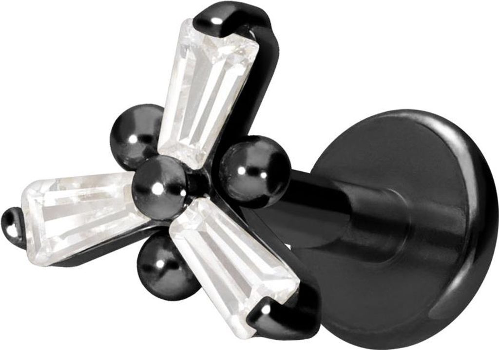 Ohrpiercing, Nasenpiercing Titan Labret mit Innengewinde KRISTALLBLUME Schwarz Stablänge: 7mm | Stabstärke: 1,2mm