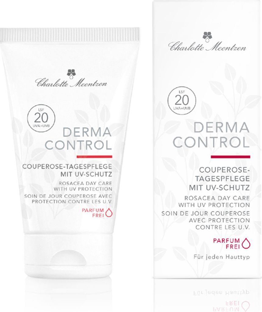 A product shot of a tube and its box for Charlotte Meentzen Derma Control Couperose Tagespflege mit UV-Schutz.