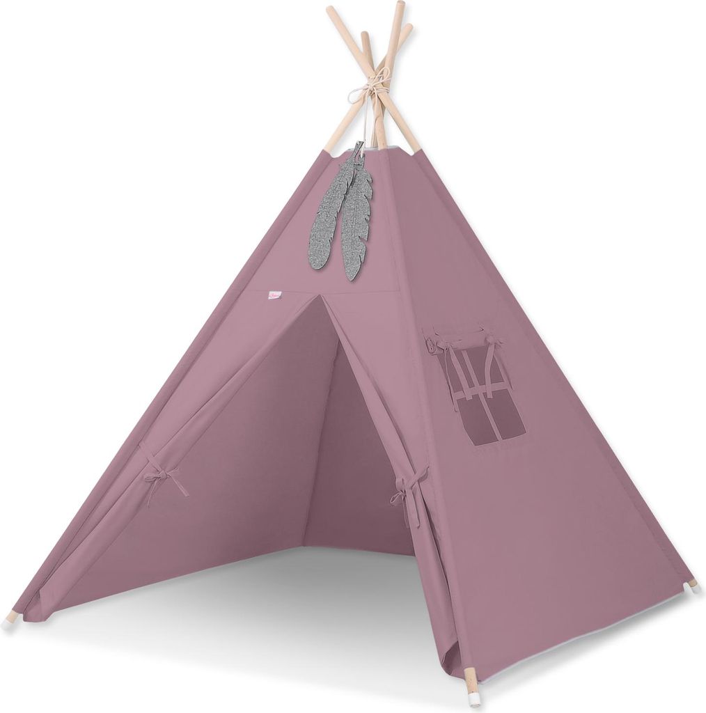 Tipi Zelt für Kinder mit roten Retro Federn 150 cm Höhe 130 cm Durchmesser aus 100% Baumwolle