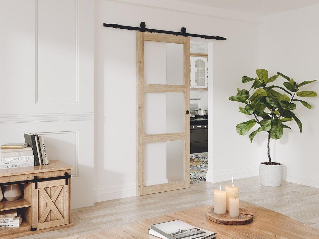 Schiebetür mit Laufschiene und 3 Glasscheiben - H 205 x B 63 cm - MDF natur - Mattes Einscheibenglas - ACOSTA II