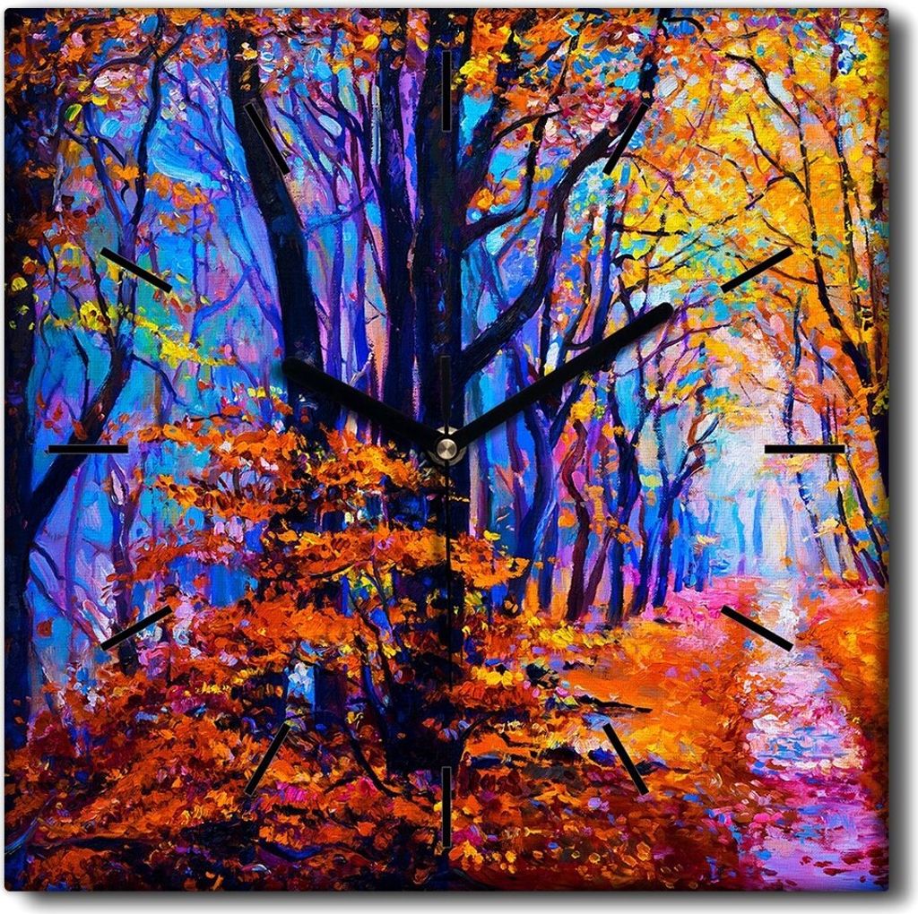 Coloray Uhr auf Leinwand 30x30 cm Wand Uhr Dekoration Wohnzimmer Segeltuch schwarze Hände -Herbstwaldbäume