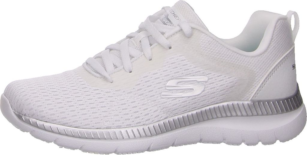 A side view of a white Skechers sneaker with silver accents.