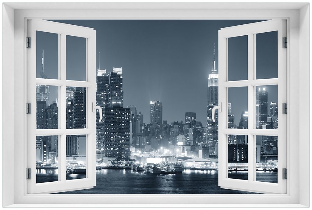 Wallario Premium Glasbild mit Fensterrahmen, freischwebende Optik, kräftige Farben, Größe 60 x 90 cm Motiv New York Skyline - Schwarz Weiß Blau