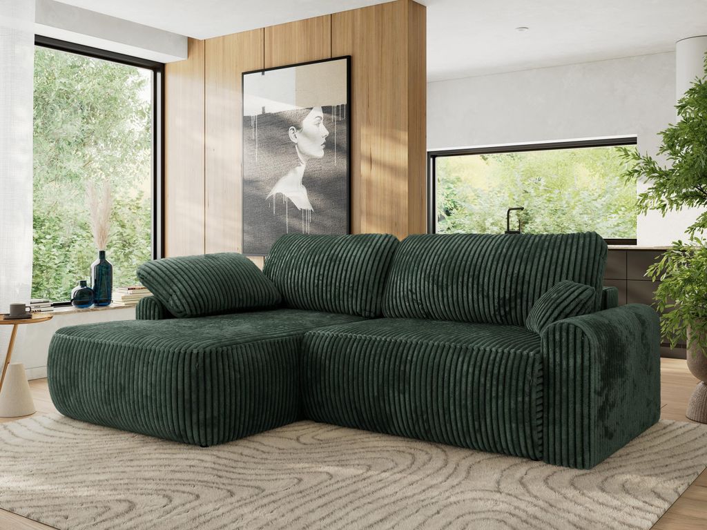 MKS MEBLE Ecksofa CUBO L-form, lose Kissen, Ecksofa 273x187x100 cm mit Schlaffunktion, Bettkasten - Grün Cord - Links Seite