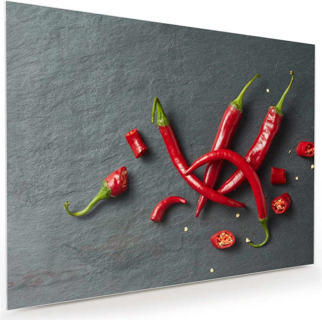 Glasbild Wandbild Chili ganz und gehackt 120x90cm in XXL für Wohnzimmer, Schlafzimmer, Badezimmer, Flur