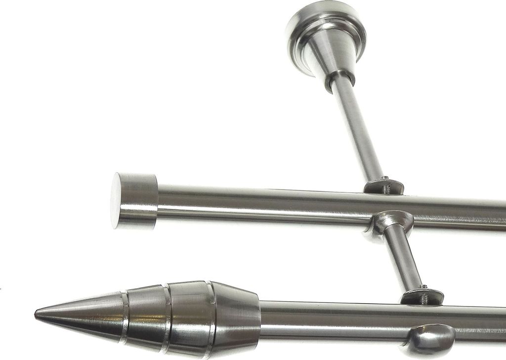 Gardinenstange Set Edelstahl Look Metall Ø 16mm zur Wandbefestigung 2-lauf gerillte Spitze, Länge wählbar H24 E18 E16