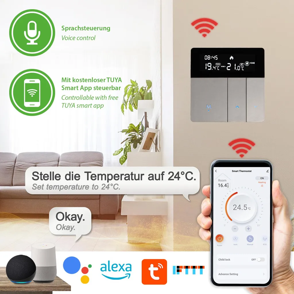 Thermostat WiFi intelligent TH213 avec écran tactile et mode éco