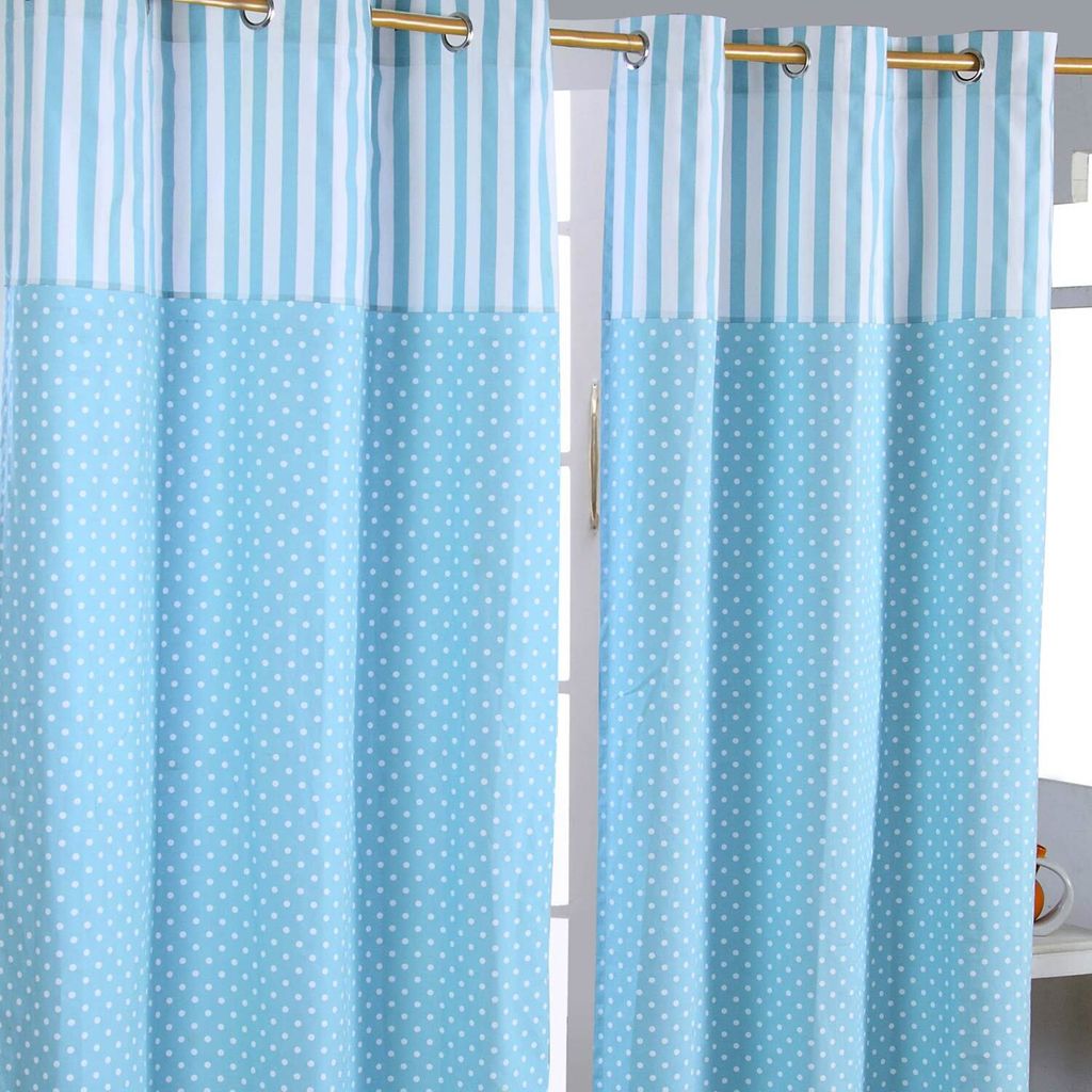 HOMESCAPES Gardinen Polka Dots & Streifen blau 2er Set 137 x 117 cm