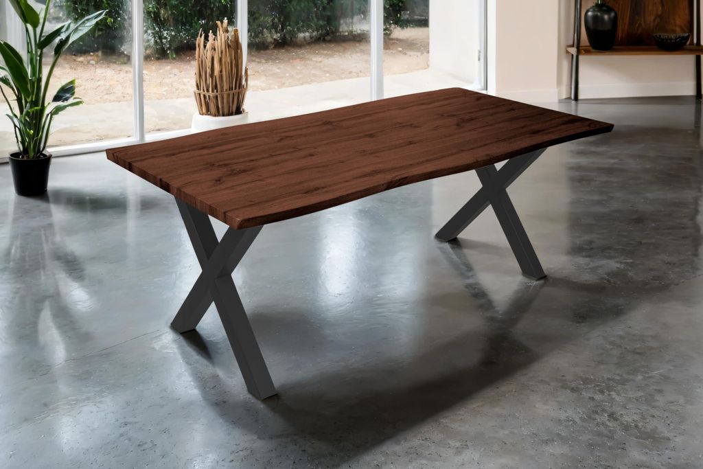 Esstisch Josy | 200 x 100 cm | Holz Nussbaum-Optik | X-Gestell Metall schwarz | 40 mm Tischplatte mit Baumkante | Tisch für Esszimmer & Küche