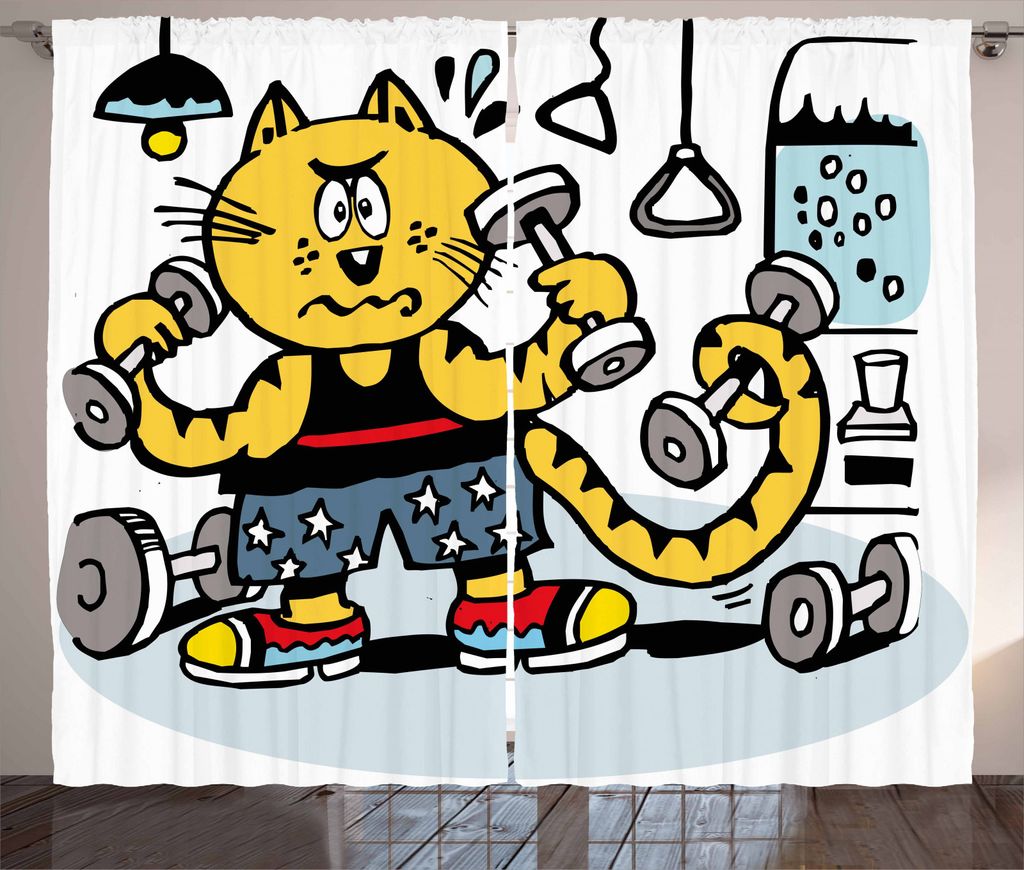 ABAKUHAUS Fitness Rustikaler Vorhang, Cartoon-Katze Lifting, Wohnzimmer Universalband Gardinen mit Schlaufen und Haken, 280 x 245 cm, Mehrfarbig
