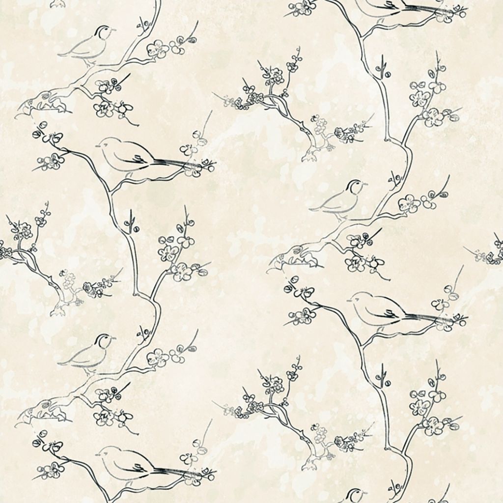 Fototapete Vogeltapete M1-No.11765 | Vliestapete Zeichnung | Creme | Schwarz | Floral | Wohnzimmer
