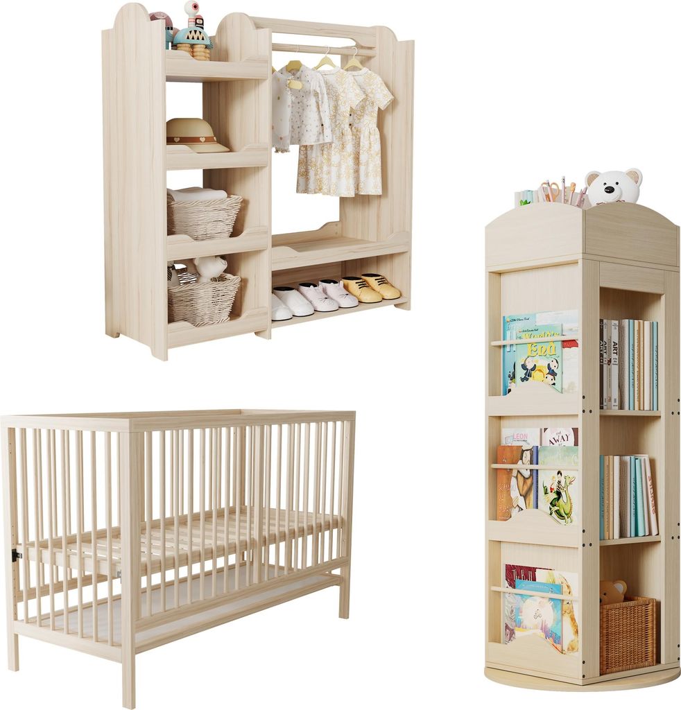 MODFU Kinder-Kombi-Möbel Drehbücherregal mit 360°-Drehdesign,Holz-Babybett und Aufbewahrungsregal mit Kleideraufhängbereich,Jugendzimmer-Möbel...