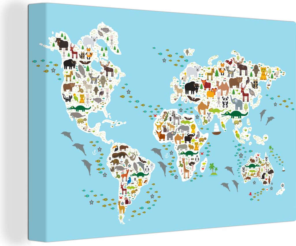 OneMillionCanvasses - Leinwandbilder - 140x90 cm, Weltkarte - Kinder - Tiere - Blau - Jungen - Mädchen, Wandbilder Kunstdruck Wanddekoration - F...