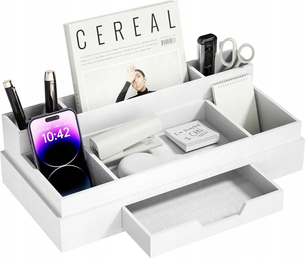 Organisateur de bureau blanc grand format avec porte-stylo multiniveaux