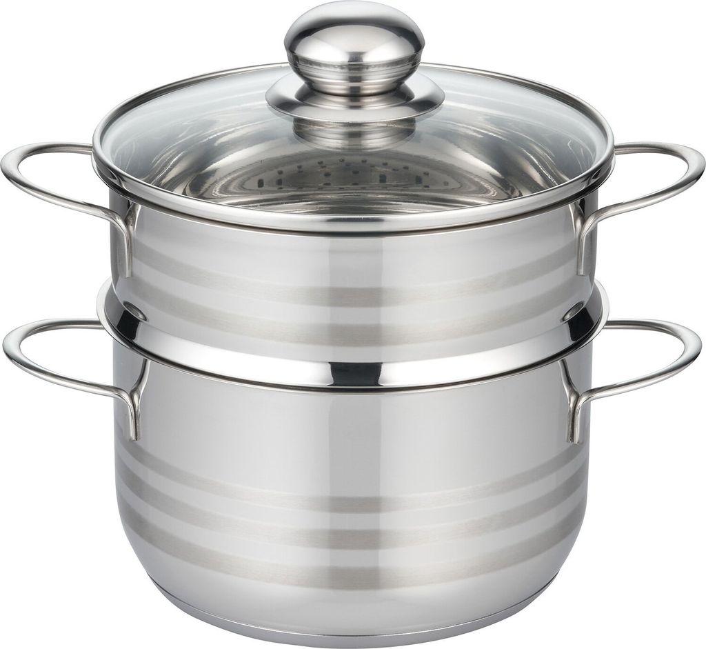 A stainless steel steamer pot with a glass lid and two tiers, shown against a white background.