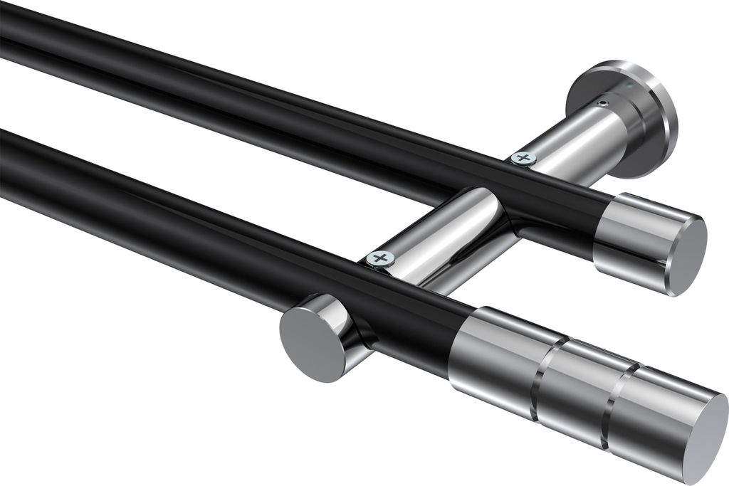 Interdeco Gardinenstange / Vorhangstange Schwarz / Chrom, Typ Platon Elanto (Rillenzylinder) ohne Ringe, 20 mm Ø 2-läufig, 220 cm