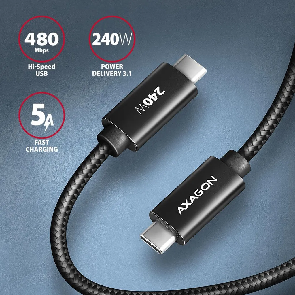 Cavo Axagon BUCM2-CM30AB USB-C 3m | Testato 240W 5A | Alluminio