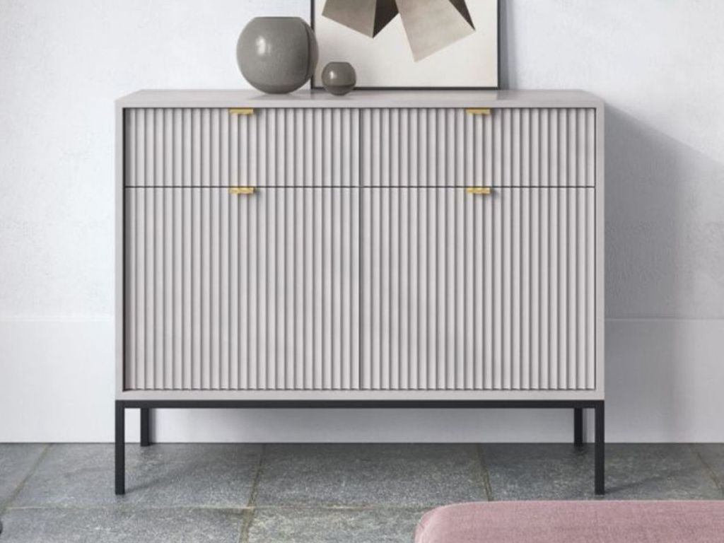 GrainGold Kommode Amber - Kommode mit Schubladen und Türen - Sideboard, TV-Kommode - Kommode Grau mit Schwarzen Beinen