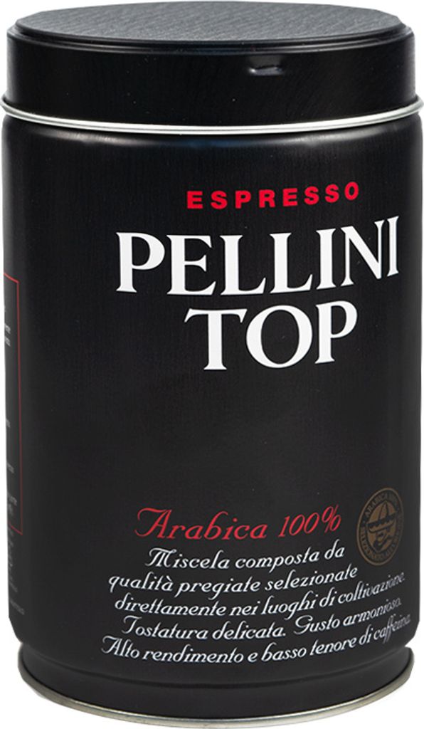 A black tin can of Pellini Top Espresso coffee.