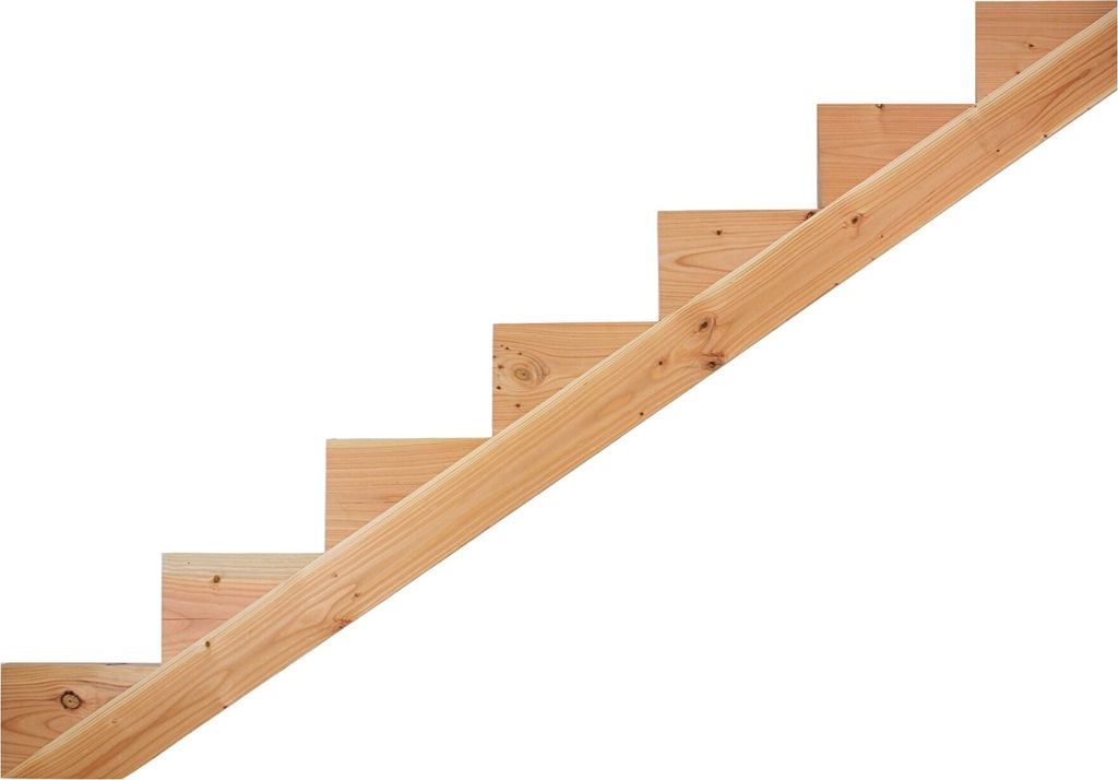 A wooden staircase stringer with multiple steps, isolated on a white background.