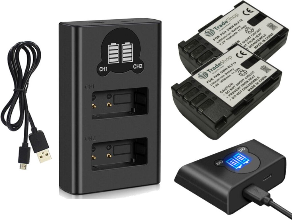 2x Trade-Shop Akku + Doppel-Ladegerät USB Typ-C kompatibel mit Panasonic Lumix DMC-GH3HGK DMC-GH3KBODY DMC-GH4 DMC-GH4K DMC-GH4A DMC-GH4H DMC-GH4M