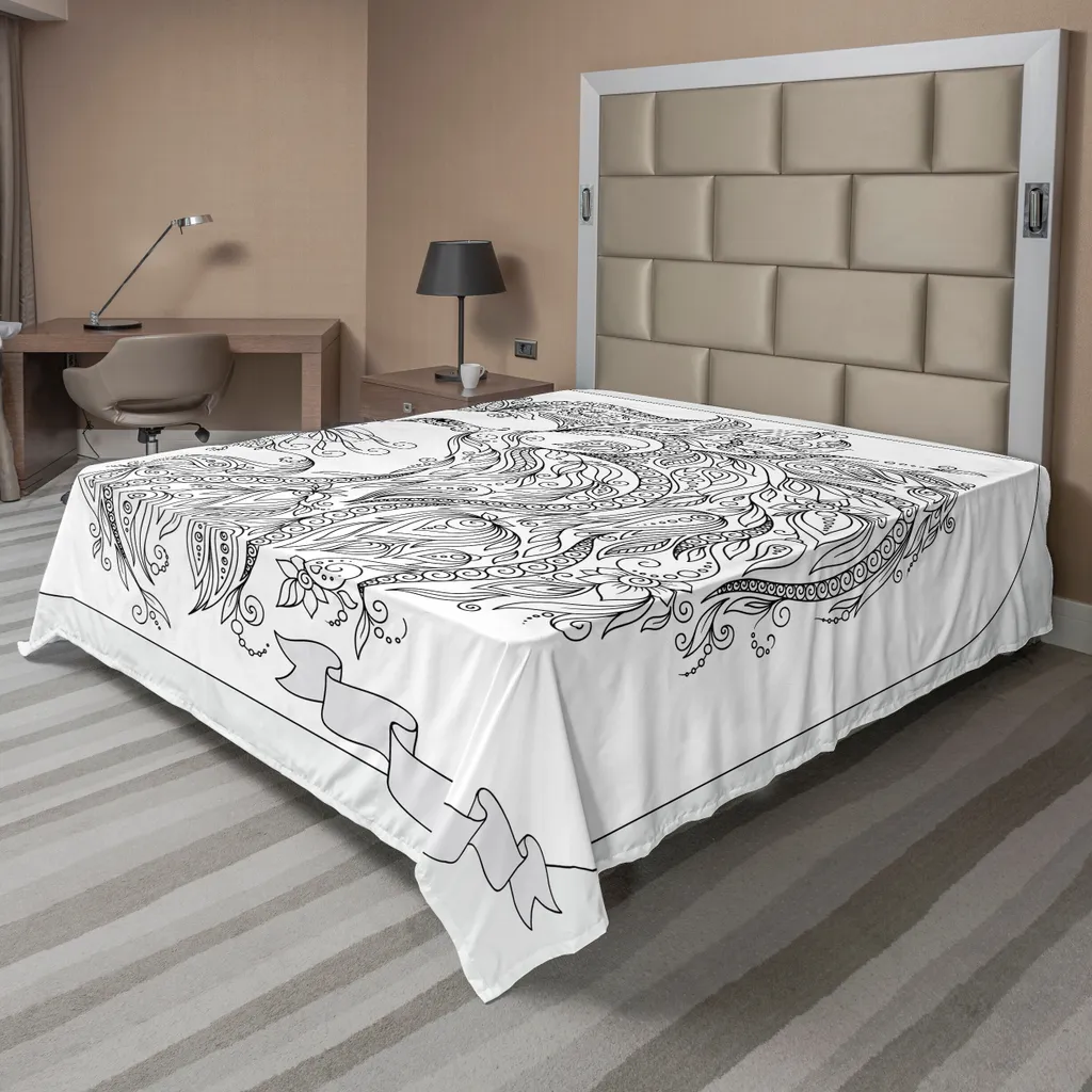 ABAKUHAUS Lenzuolo zodiacale, viso del segno zodiacale Leone con fiori tra i capelli, tema dell'oroscopo del Re della Foresta, lenzuolo morbido e confortevole per un letto decorativo, 1 pezzo, 275 cm x 260 cm, bianco e nero.