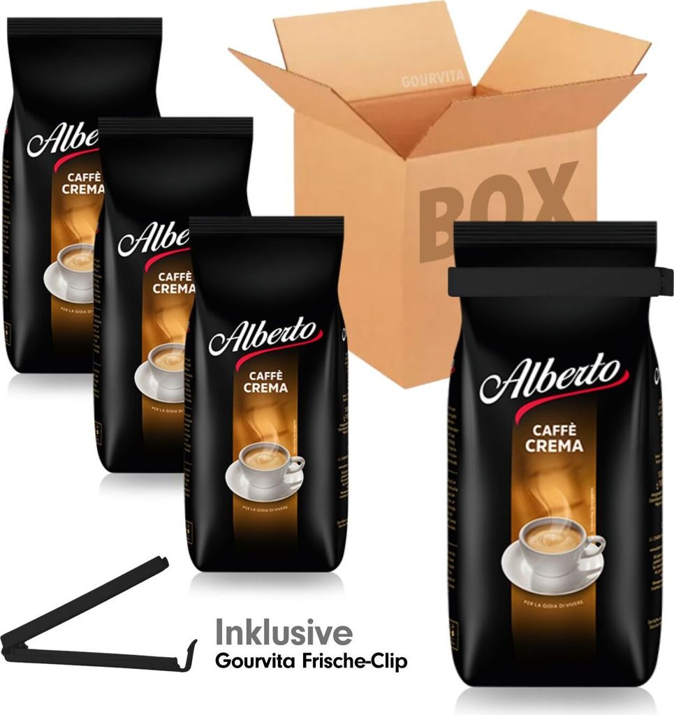 SPARBOX Alberto Caffè Crema + gratis Gourvita Frische-Clip, 4x1000g Bohnen