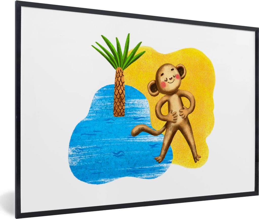MuchoWow MuchoWow Gerahmtes Poster Affe - Strand - Palme - Meer 60x40 cm - Poster mit zchwarzem Bilderrahmen - Printing - Wanddeko Schlafzimmer