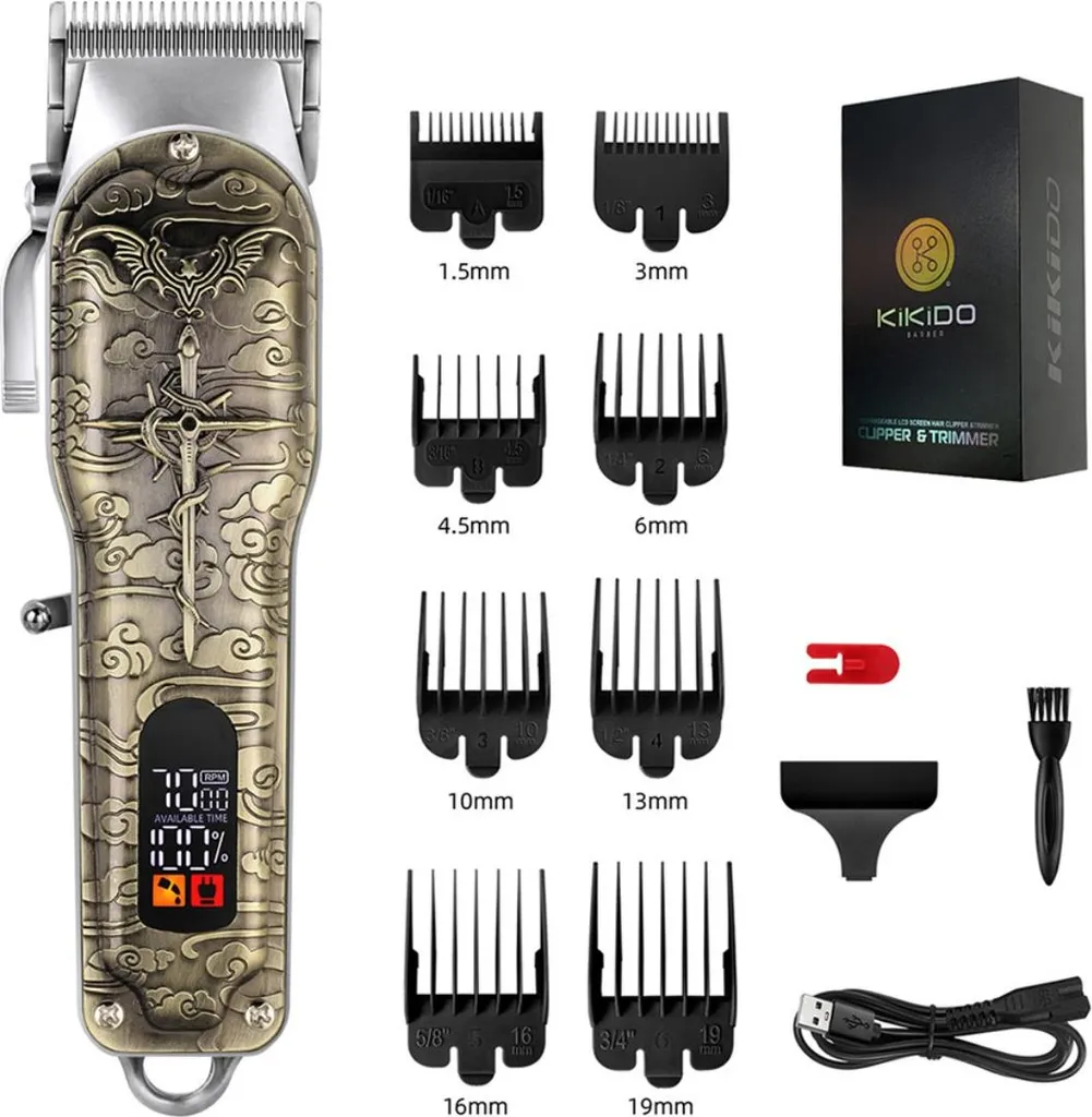 Tondeuse Cheveux sans Fil Ajustable - Finition Rétro Dorée et Affichage LED