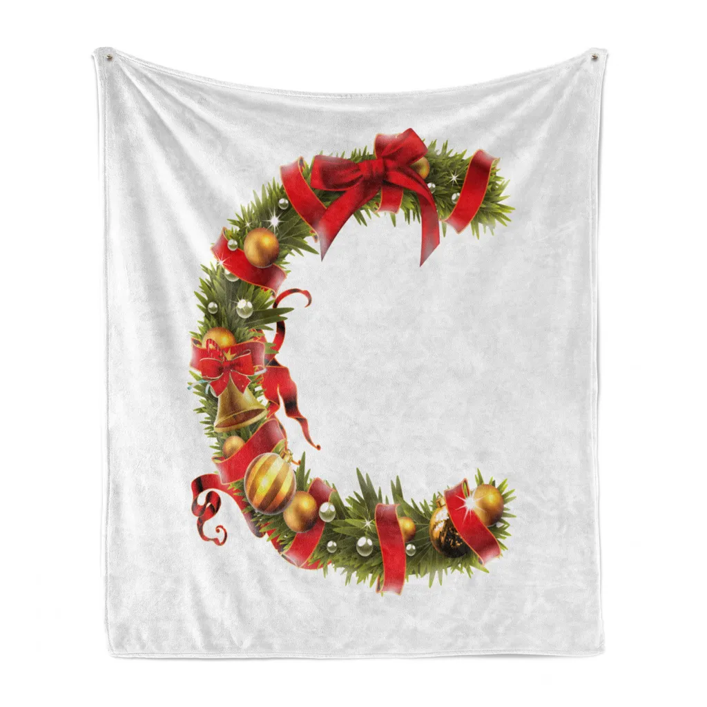 ABAKUHAUS Copriletto natalizio in morbido pile di flanella, motivo C lettera, soffice peluche per interni ed esterni, 125 x 175 cm, perla e verde oliva