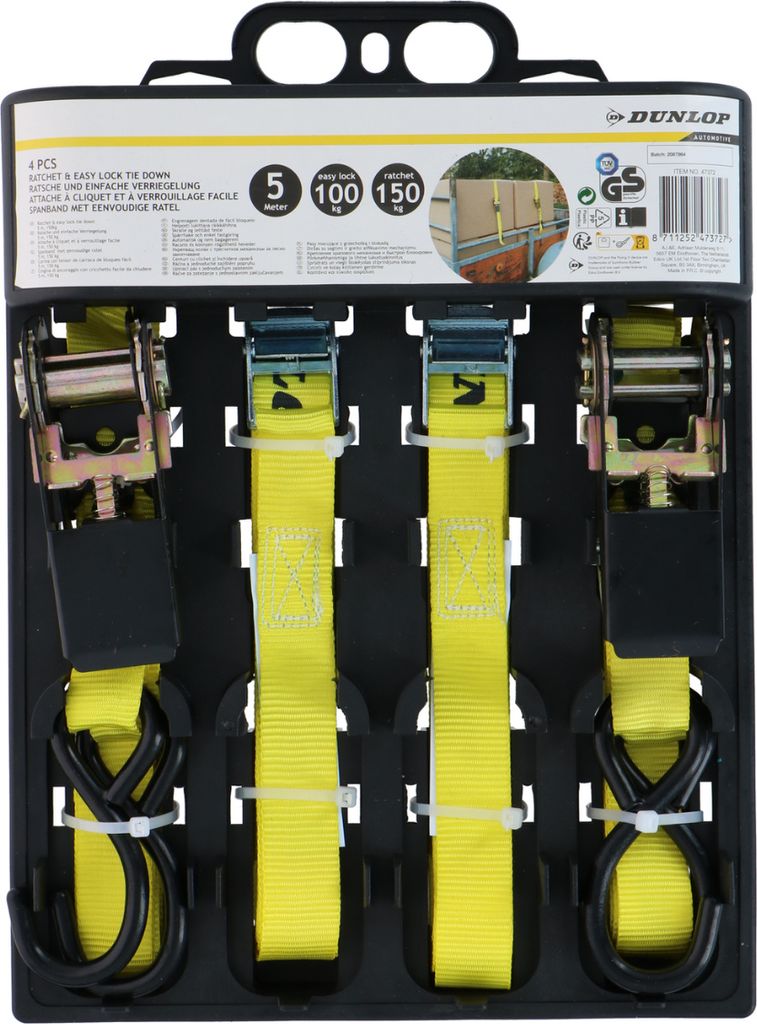 Dunlop Zurrgurt mit Ratsche – 4 Stück – 5 m – bis 150 kg – Gelb