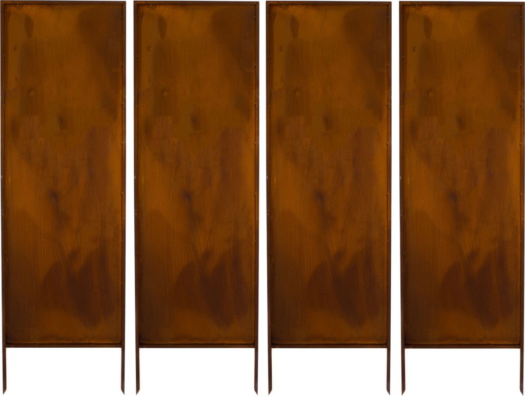 Four identical metal screens with a rust-like finish, standing upright on thin legs.