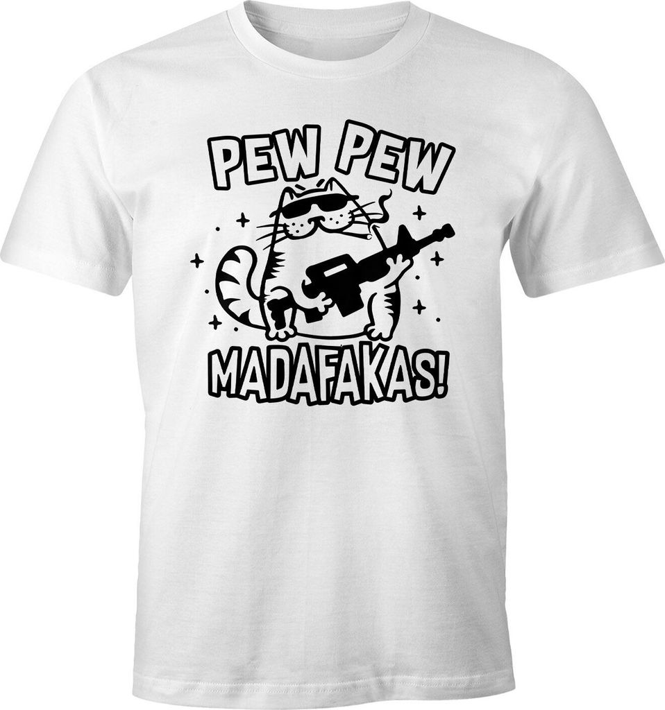 Herren T-Shirt Pew Pew Madafakas! Verrückte Katze Crazy Cat Comic Stil Fun-Shirt Spruch lustig Moonworks weiß 4XL