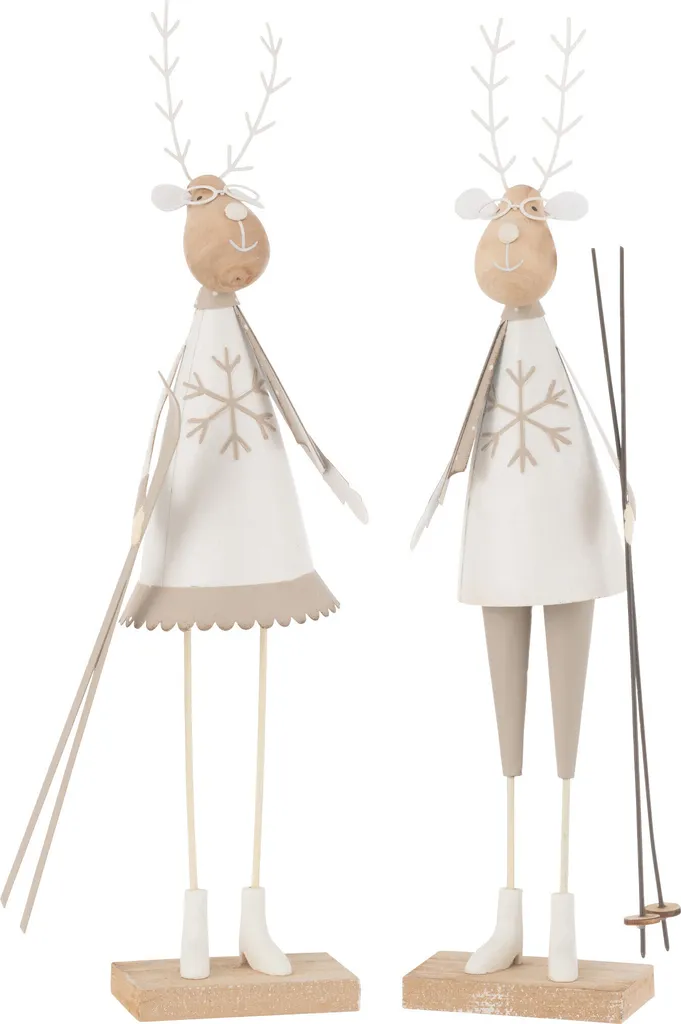 Figurine Rennes de Noël en Bois et Métal Blanc et Beige - Déco J-Line x2