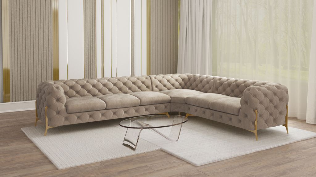 S-STYLE MÖBEL - Chesterfield Ecksofa Nova mit Goldene Metall Füßen aus Dunkle Creme Samtstoff - Ottomane rechts, B/T/H: 323 cm/ 264 cm/ 75 cm