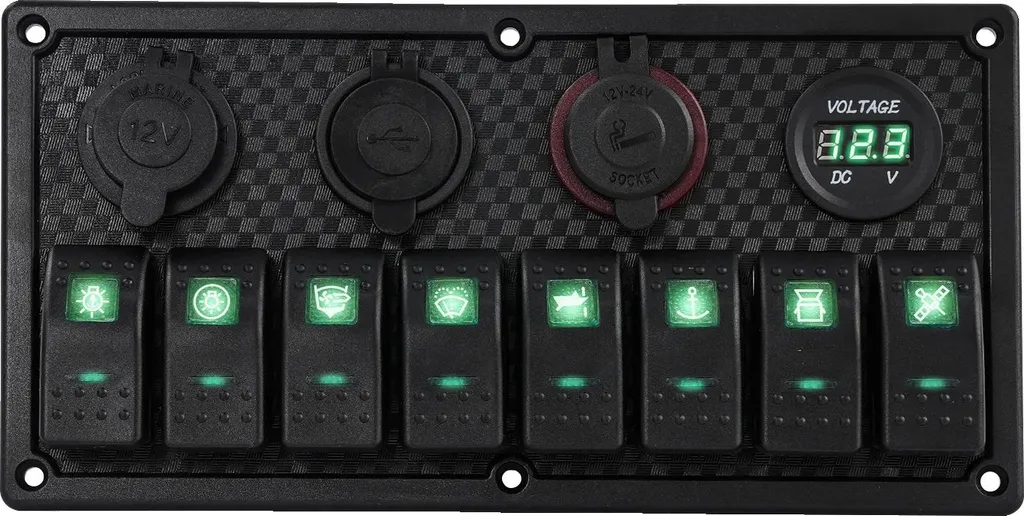 Panneau Interrupteurs Marine 8 Gangs, Voltmètre LED Vert et Double Chargeur USB